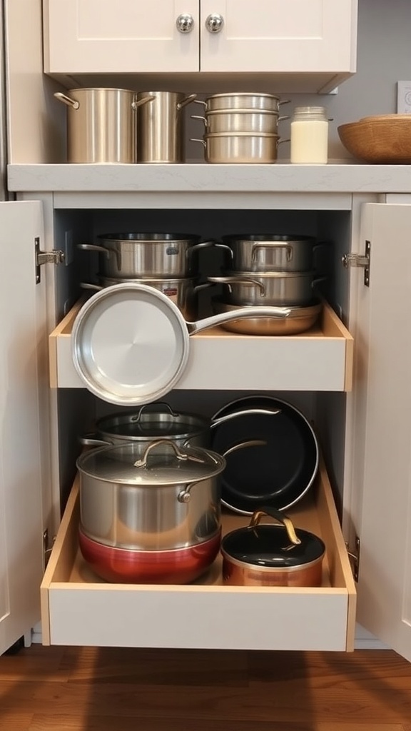 Pull-out cabinet drawers filled with pots and pans in a kitchen.