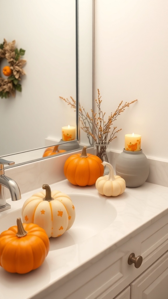 A cozy bathroom decor featuring pumpkins and a candle