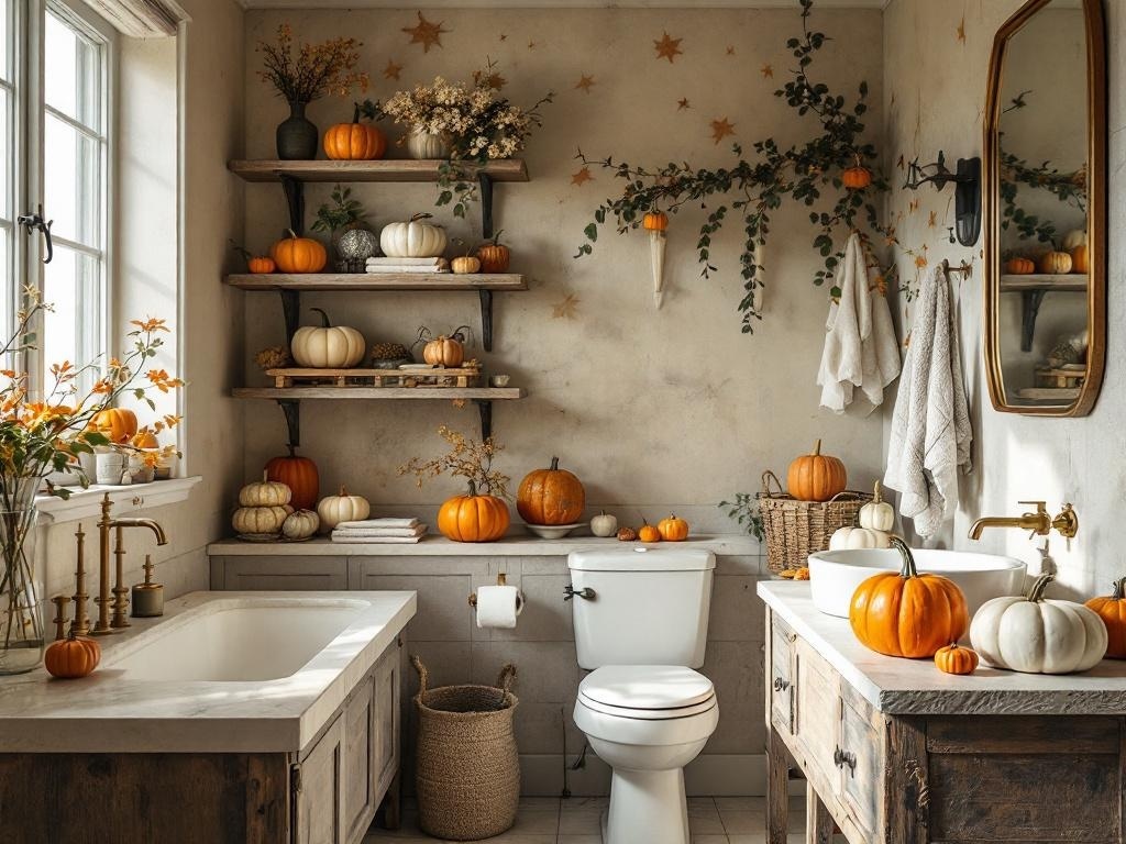 A beautifully decorated bathroom featuring various pumpkins and autumn decor.