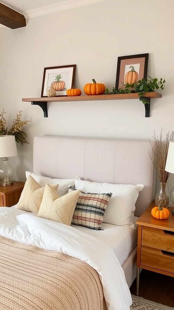 A cozy bedroom decorated for fall with pumpkins on a shelf and warm bedding.