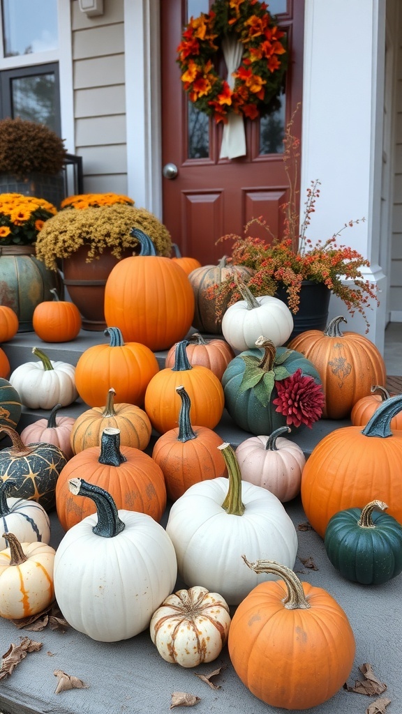A variety of pumpkins in different colors and sizes arranged on a porch, with a wreath and flowers in the background.