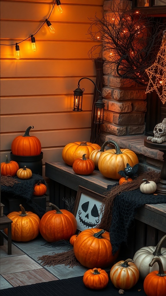 A cozy Halloween setup featuring various pumpkins, string lights, and spooky decorations.