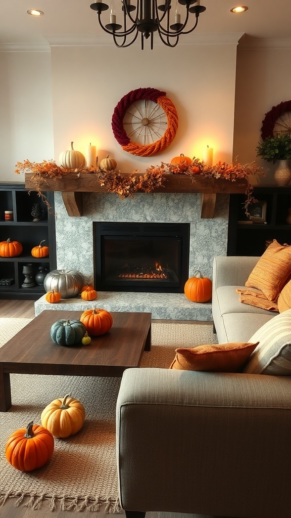 Cozy fall living room with pumpkins and autumn decor