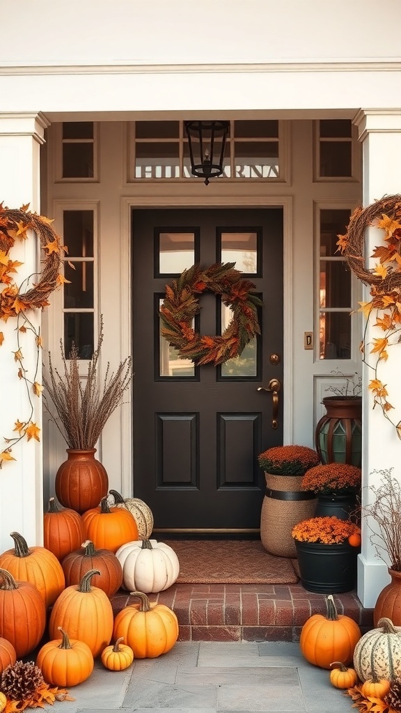 A cozy entryway decorated with pumpkins and fall wreaths, showcasing a warm autumn atmosphere.