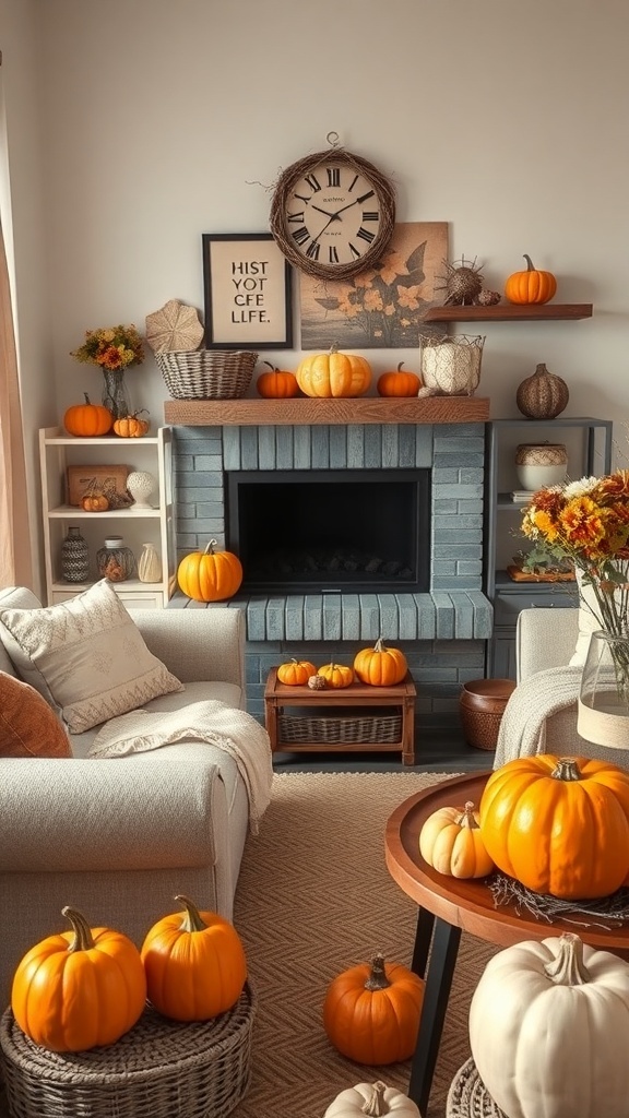A cozy living room decorated with various pumpkins, a fireplace, and warm autumn colors.