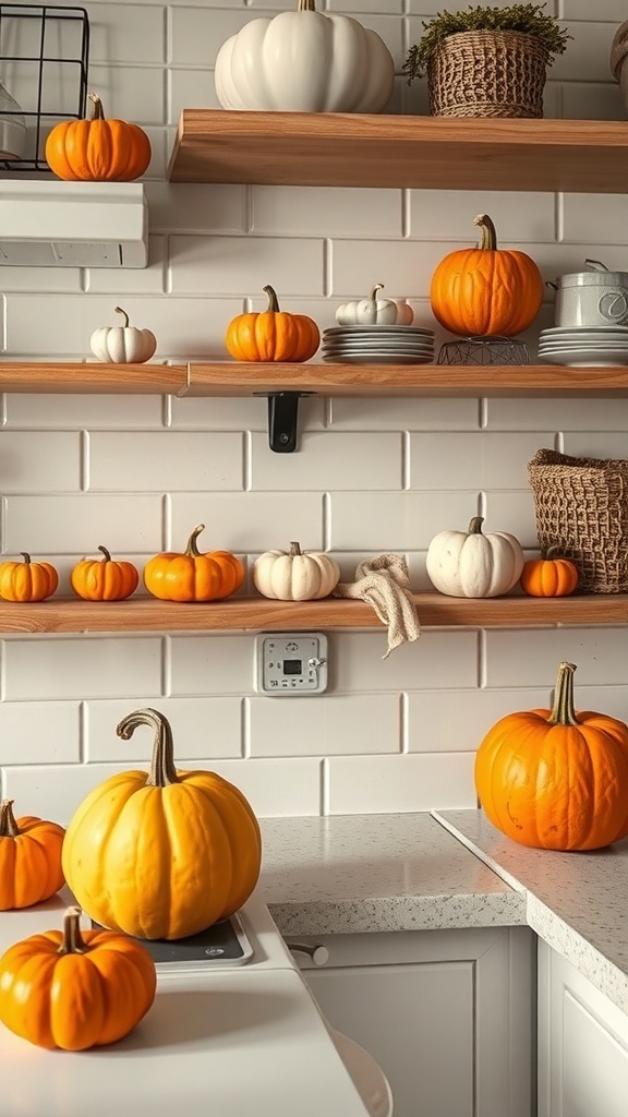 A kitchen decorated with various pumpkins on shelves and countertops, showcasing fall decor.