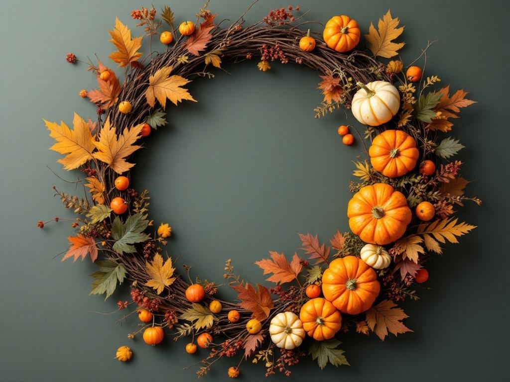 A fall wreath featuring pumpkins, gourds, and autumn leaves on a green background.