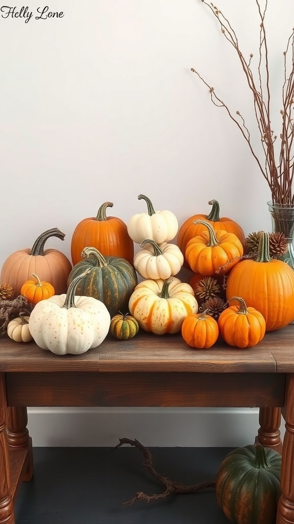 A beautiful arrangement of various pumpkins and gourds on a wooden table, showcasing fall colors.