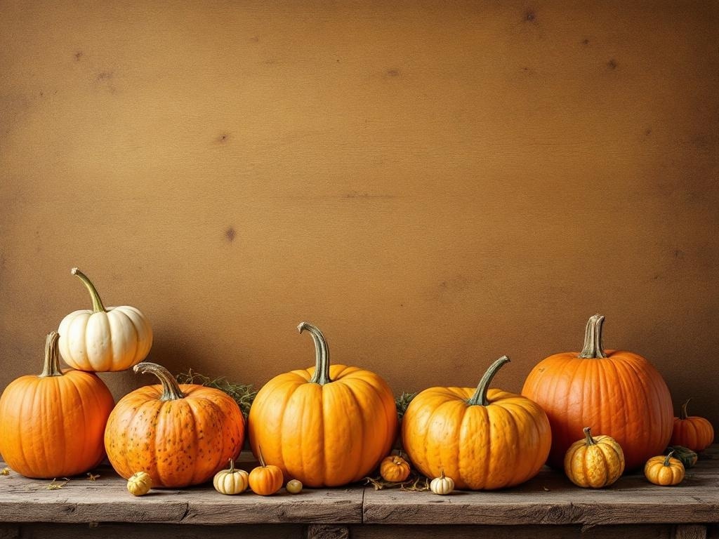 A rustic arrangement of pumpkins and gourds on a wooden table against a warm background.