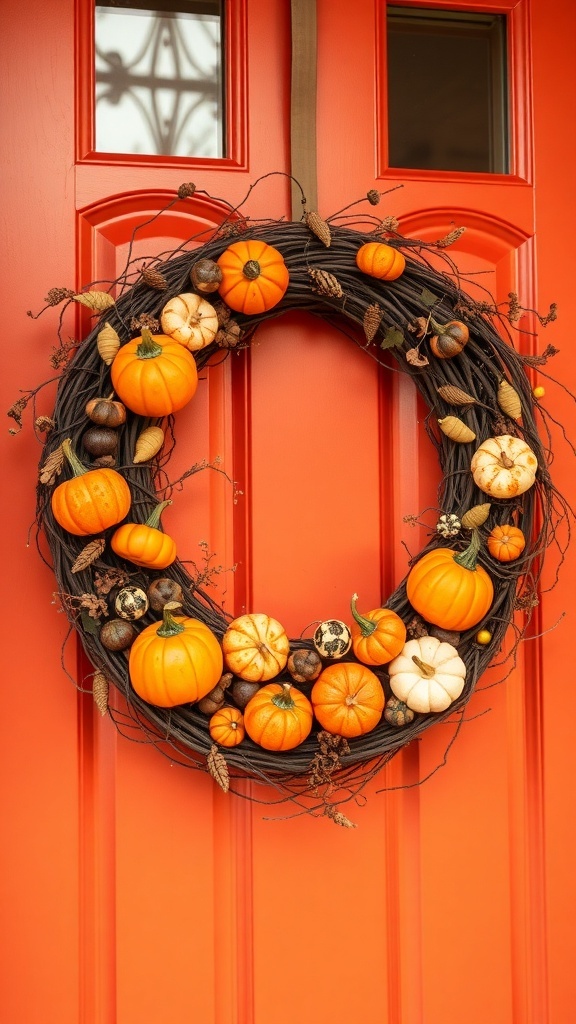 A fall wreath made of various pumpkins and gourds on an orange door