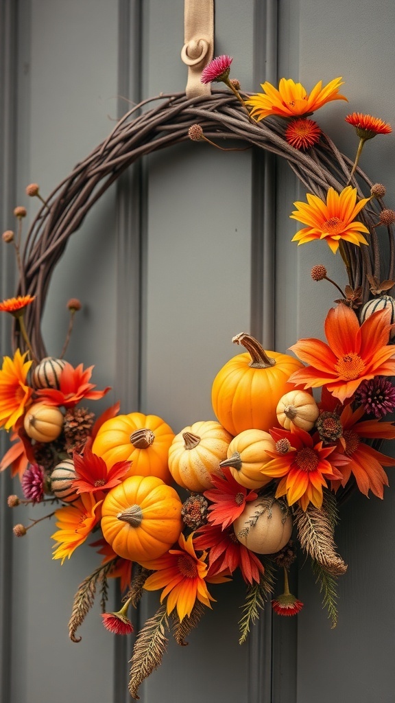 A beautiful pumpkin and gourd wreath with orange flowers on a door.