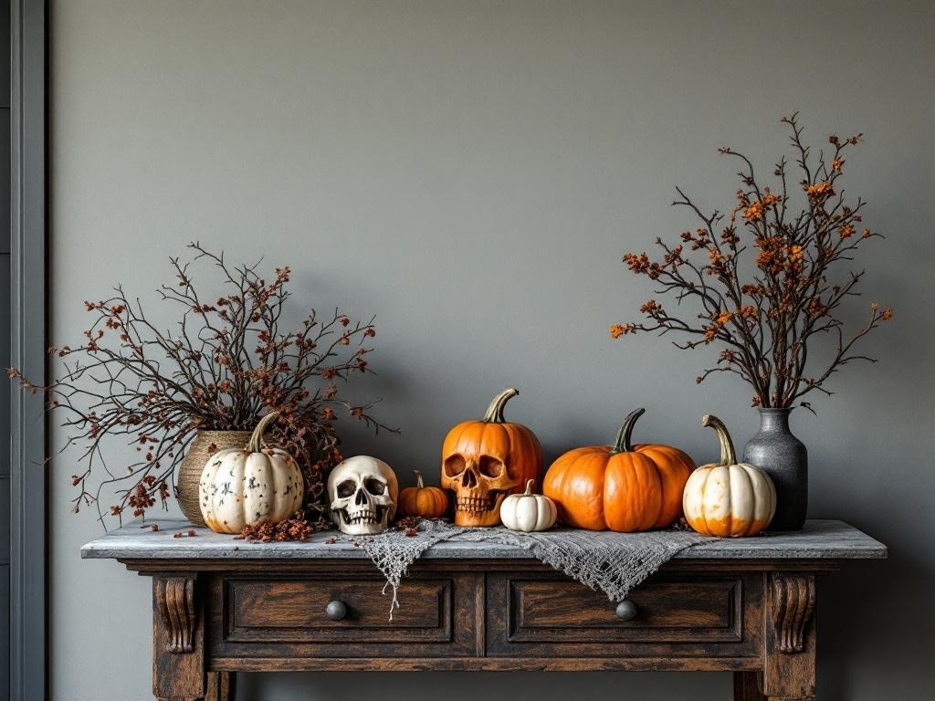 A Halloween entry table decorated with pumpkins, skulls, and autumn branches.