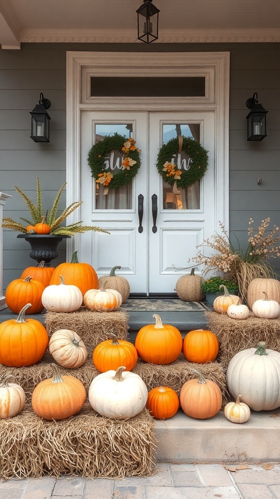 A beautiful fall porch decorated with various pumpkins arranged on hay bales, complemented by green wreaths on the door.