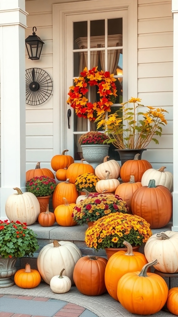 A festive arrangement of pumpkins and flowers on a porch, showcasing various sizes and colors.
