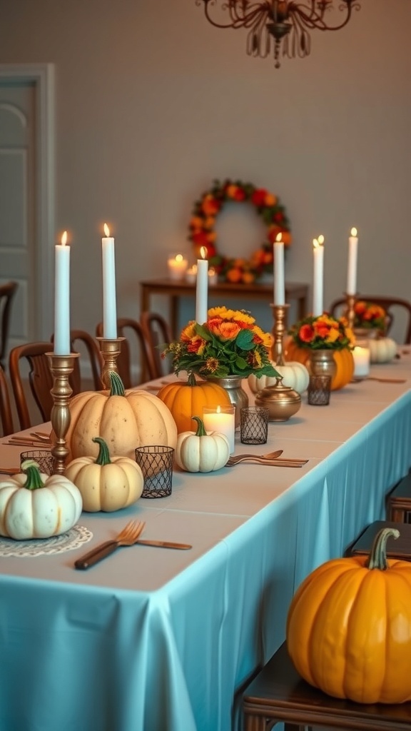 A beautifully set table with pumpkins, candles, and floral arrangements for fall decor.