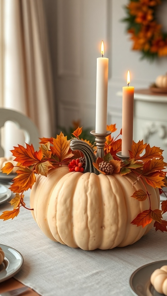 A white pumpkin centerpiece with candles and autumn leaves on a table.