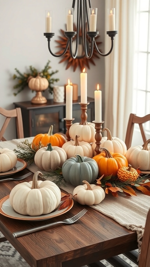 A cozy dining table decorated with various pumpkins, candles, and greenery for fall.