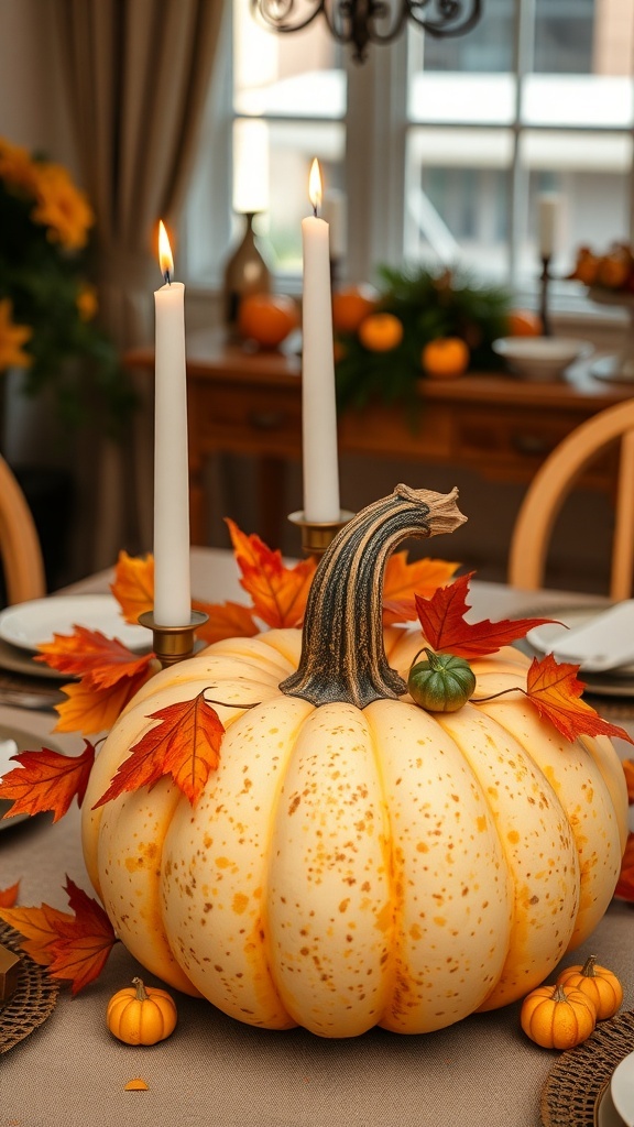 A cozy dining table decorated with a large speckled pumpkin centerpiece, surrounded by smaller pumpkins and autumn leaves, with candles adding a warm glow.