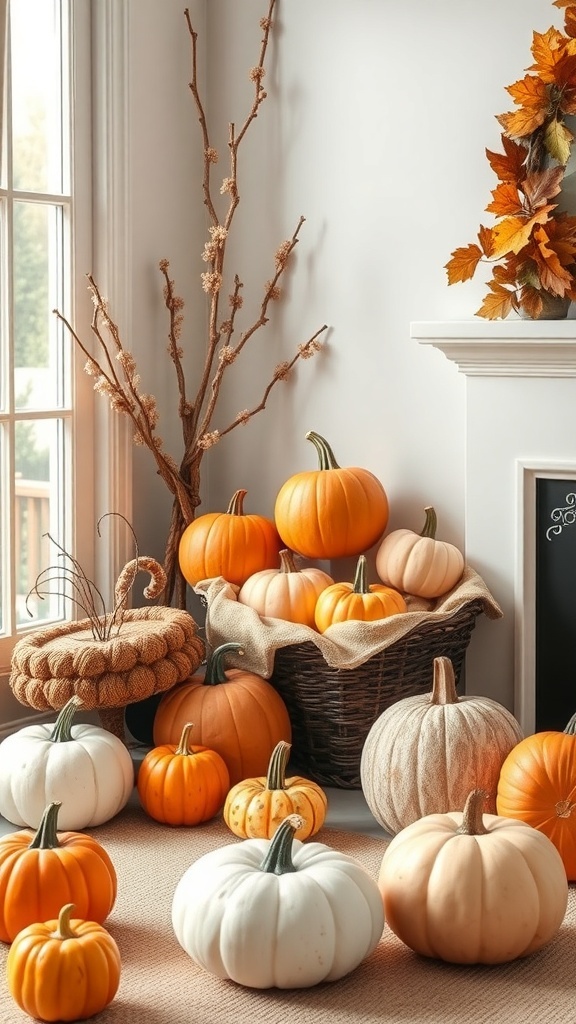 A cozy fall room decorated with various pumpkins in different colors and sizes.