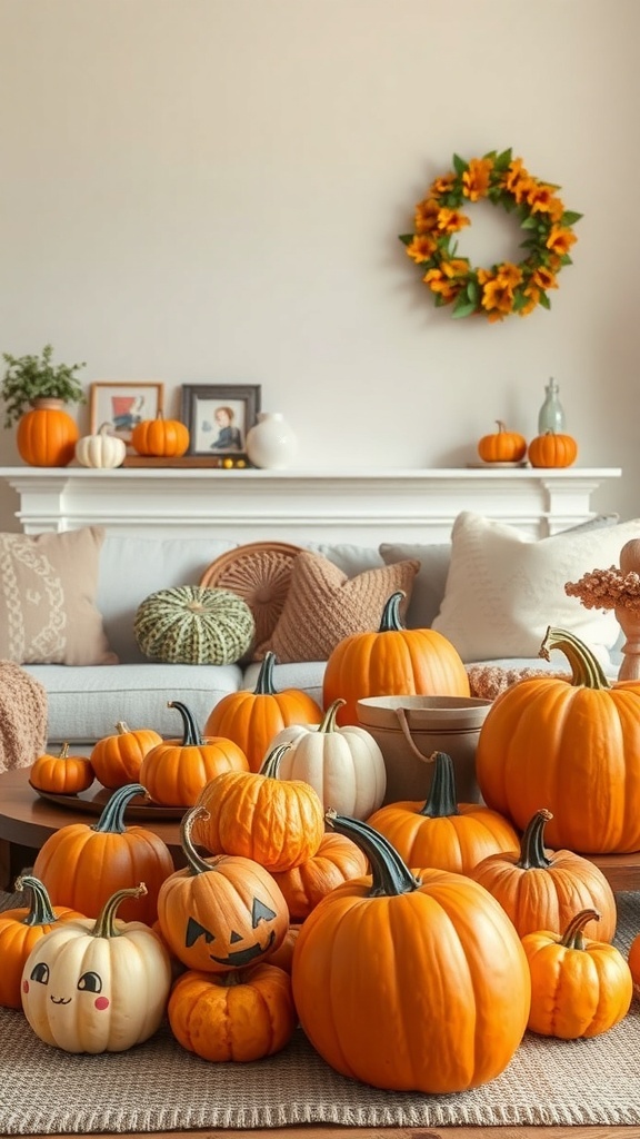Cozy living room decorated with various pumpkins and a sunflower wreath.