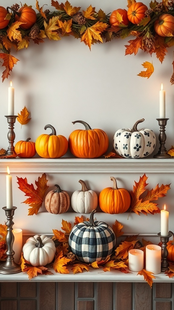 A decorative mantle featuring a variety of pumpkins, autumn leaves, and candles.