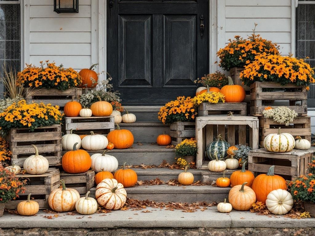 A front porch decorated with pumpkins and rustic wooden crates, surrounded by yellow flowers.