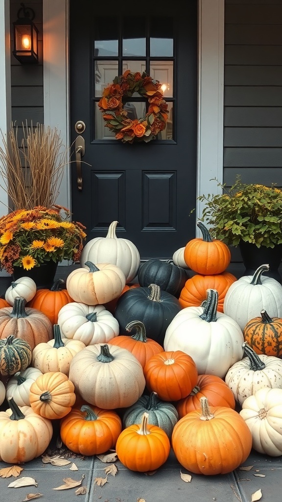 A front porch decorated with a variety of pumpkins in different colors and sizes, complemented by flowers and a wreath.