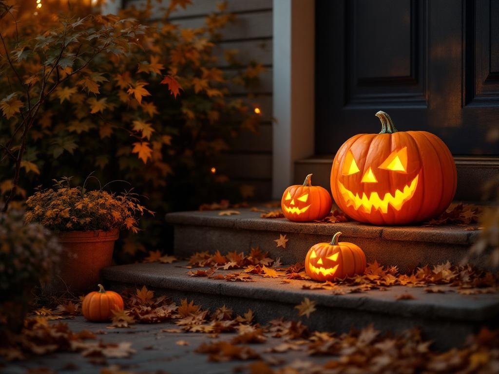 Three carved pumpkins glowing on a porch surrounded by autumn leaves and flowers.