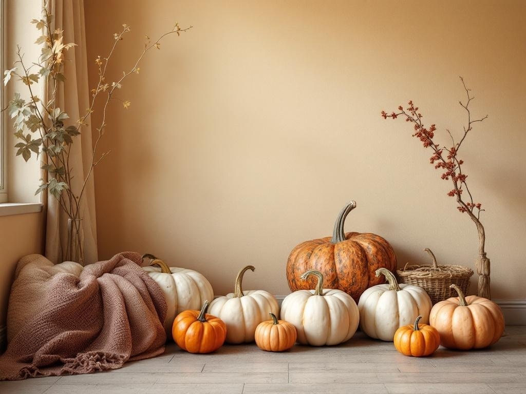 Cozy indoor pumpkin patch display with various pumpkins and a knitted blanket