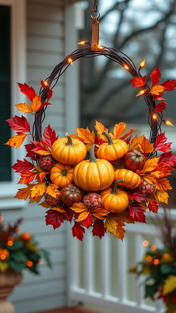 A beautiful Halloween wreath featuring pumpkins and autumn leaves, adorned with twinkling lights.
