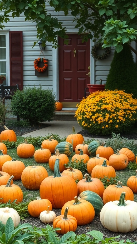 A front yard decorated with a variety of pumpkins, featuring a red door and colorful flowers.