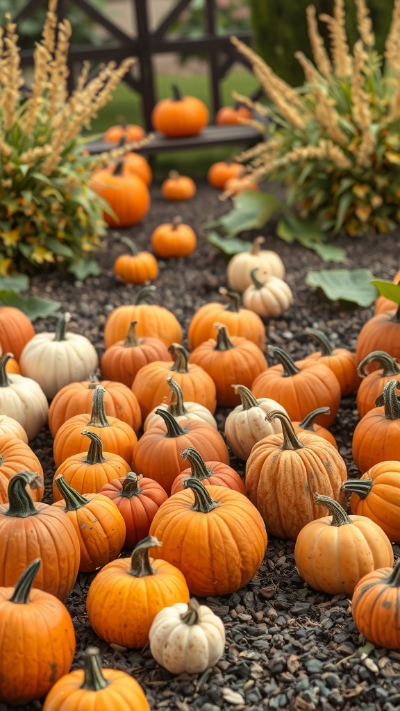 A vibrant display of pumpkins in various sizes and colors, surrounded by greenery.