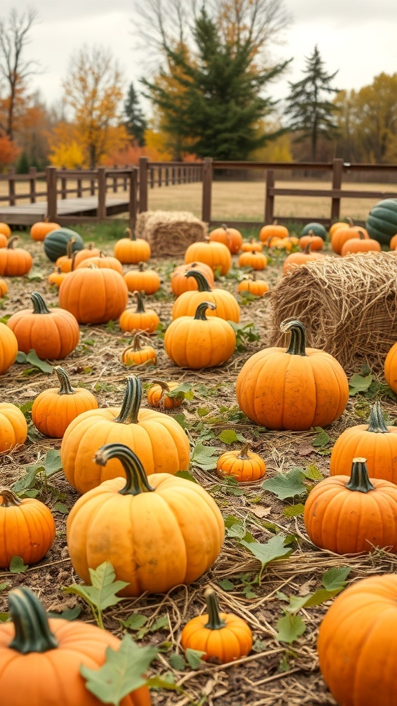 A pumpkin patch filled with various pumpkins and hay bales, surrounded by autumn trees.