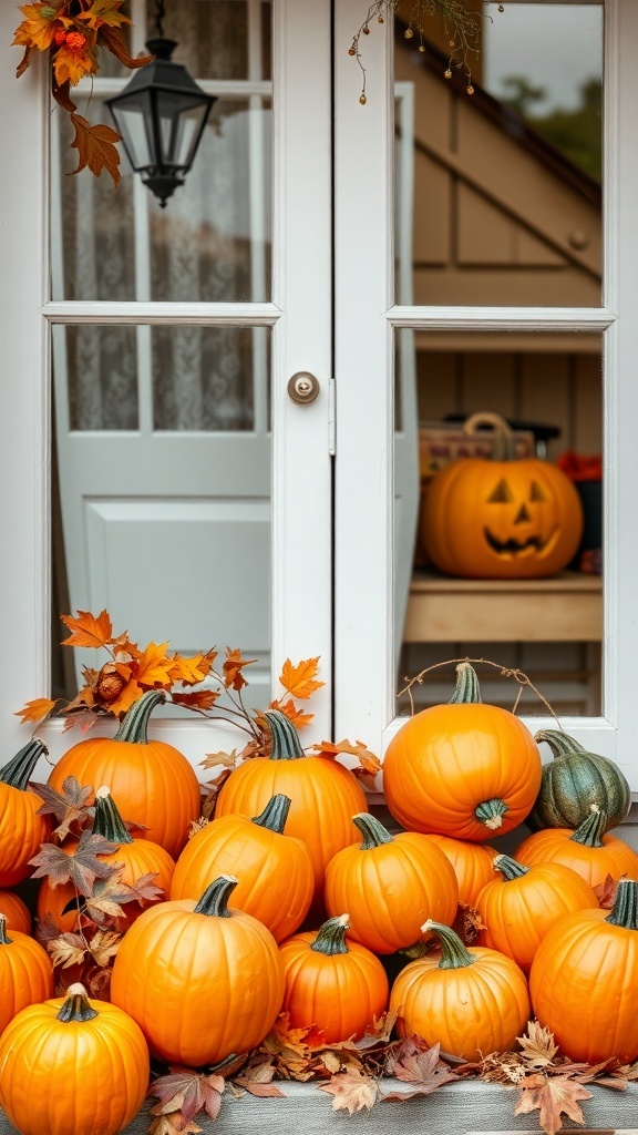 A festive Halloween window display featuring a variety of pumpkins and autumn leaves.