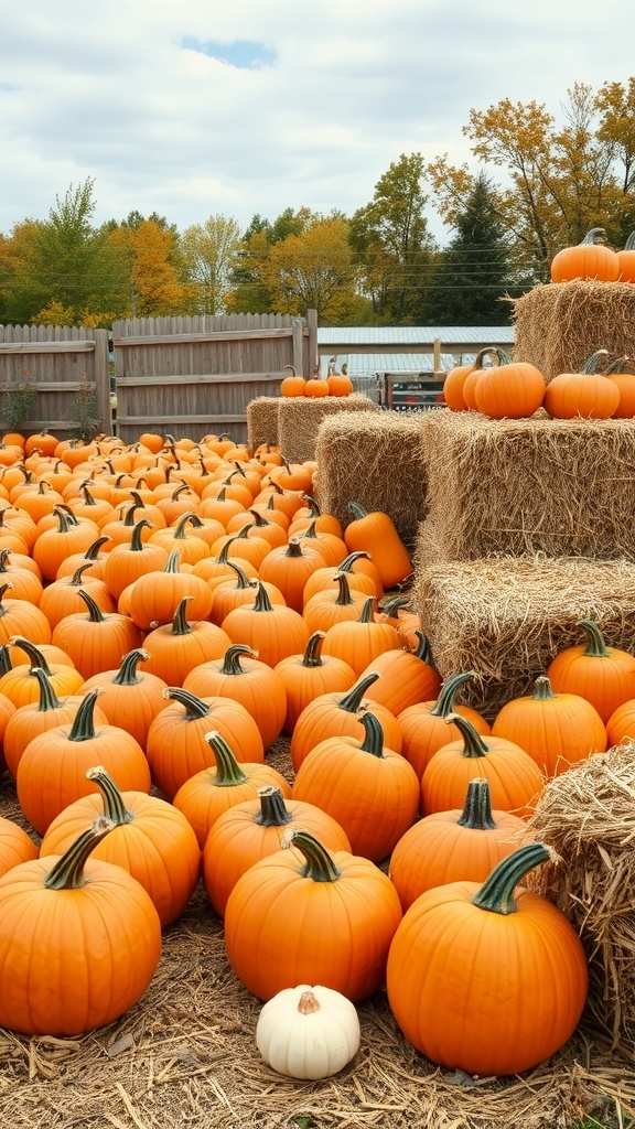 A vibrant pumpkin patch filled with orange pumpkins and hay bales.