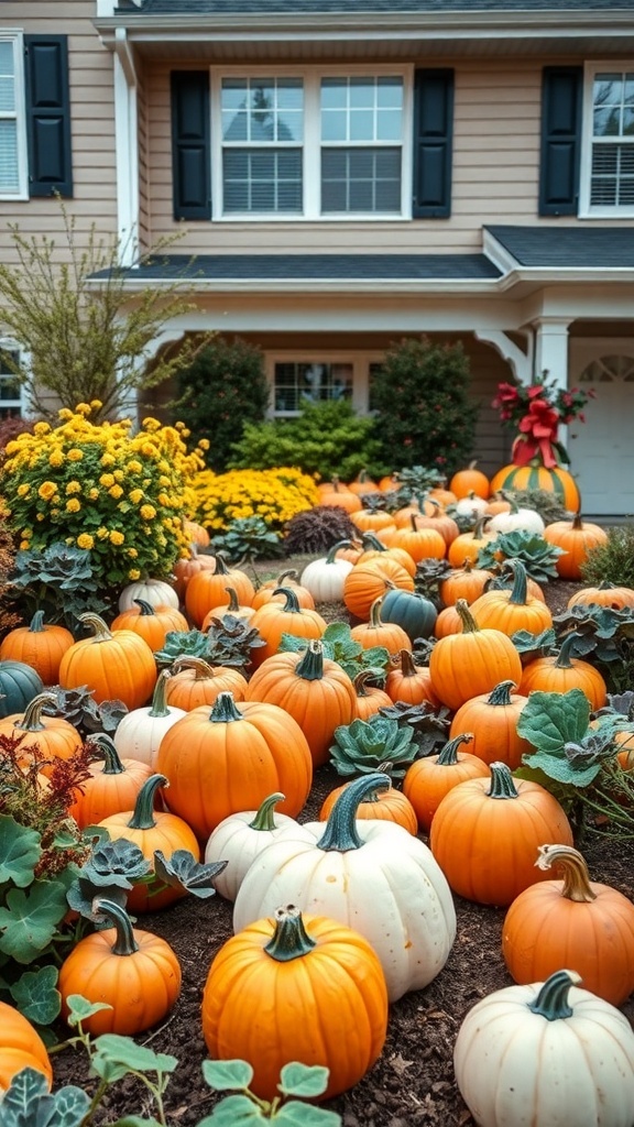 A beautiful fall garden with various pumpkins in front of a house, showcasing a cozy autumn vibe.