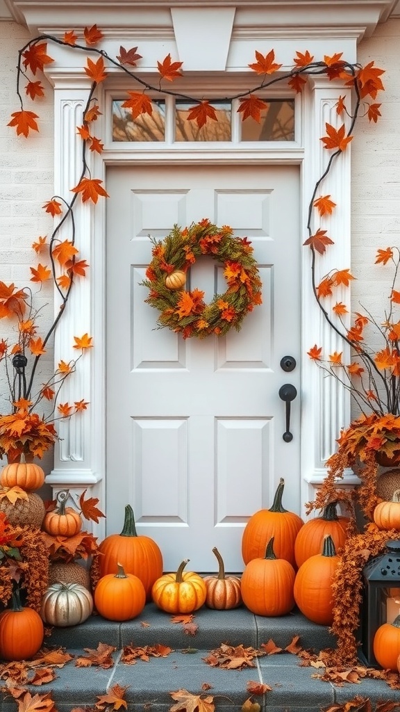 A decorated door with pumpkins and autumn leaves, creating a cozy fall atmosphere.
