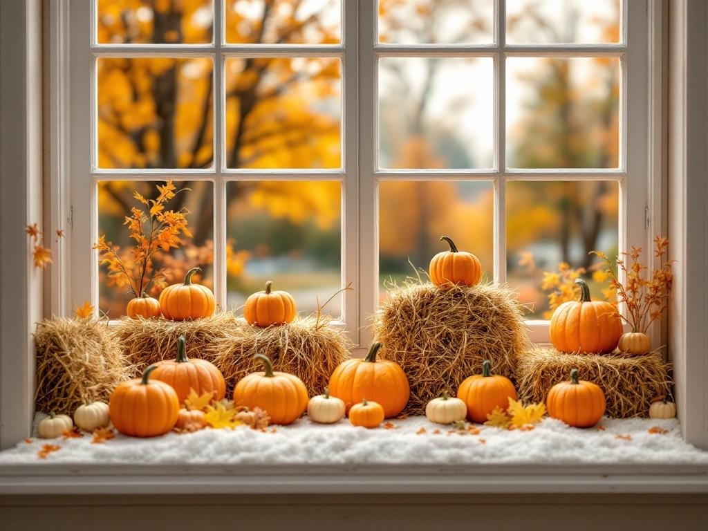 A cozy window display featuring pumpkins, hay bales, and autumn leaves, set against a backdrop of golden trees.