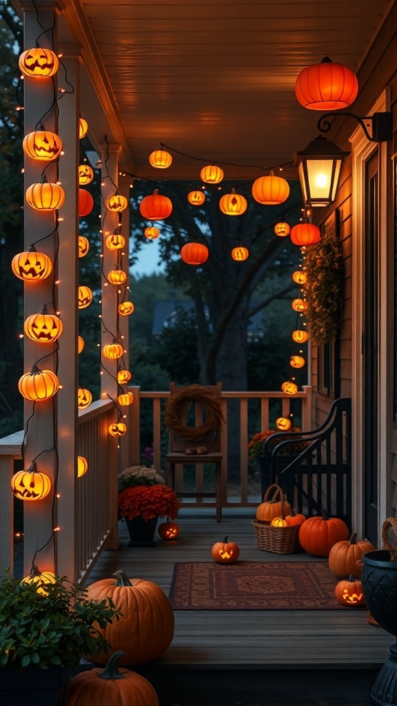 A porch decorated with pumpkin patch string lights and pumpkins, creating a festive Halloween atmosphere.