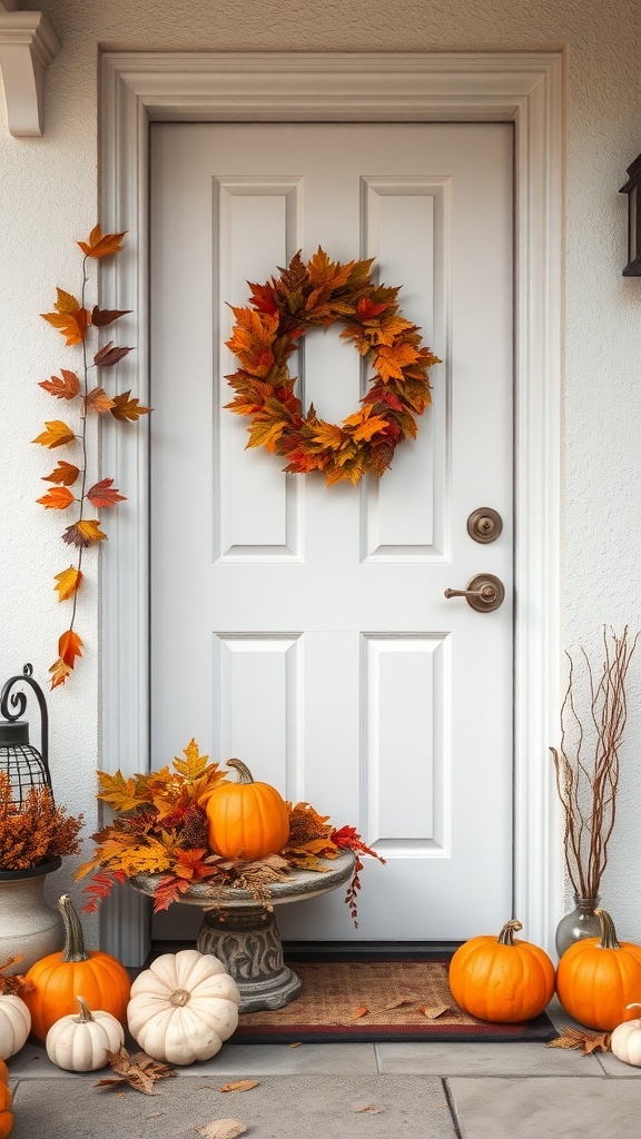 A front door decorated for Halloween with pumpkins and autumn leaves.