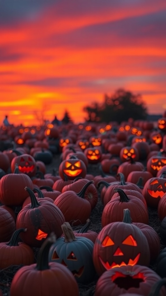 A pumpkin patch at night with carved pumpkins glowing under a full moon.