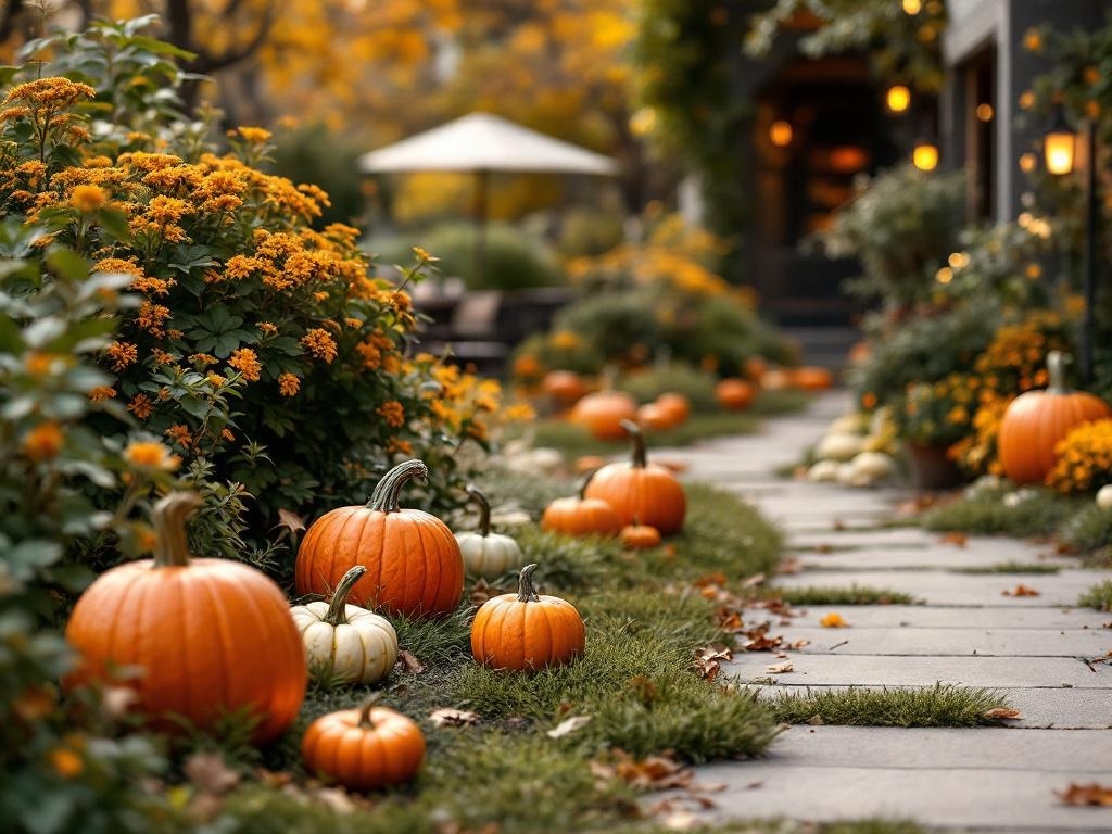 A pathway lined with pumpkins and flowers, creating a festive Thanksgiving decoration.