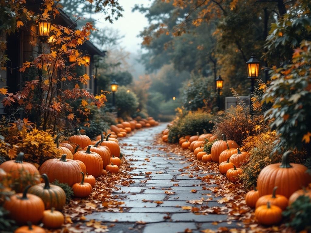 A pathway lined with pumpkins and lanterns, surrounded by autumn leaves.