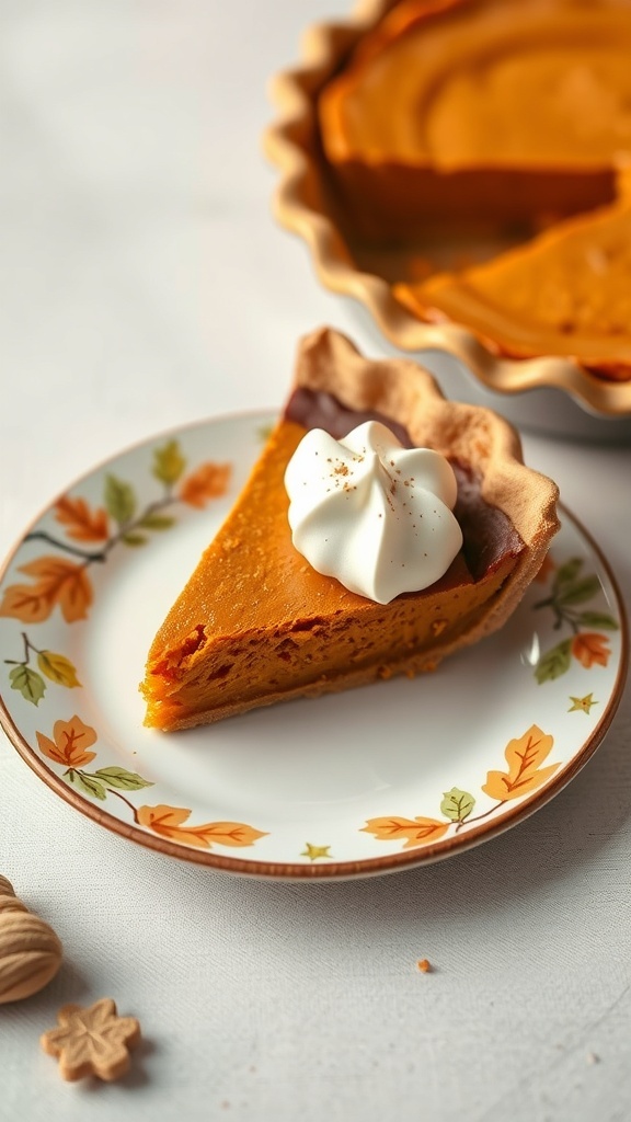 A slice of pumpkin pie on a decorative plate with whipped cream on top.