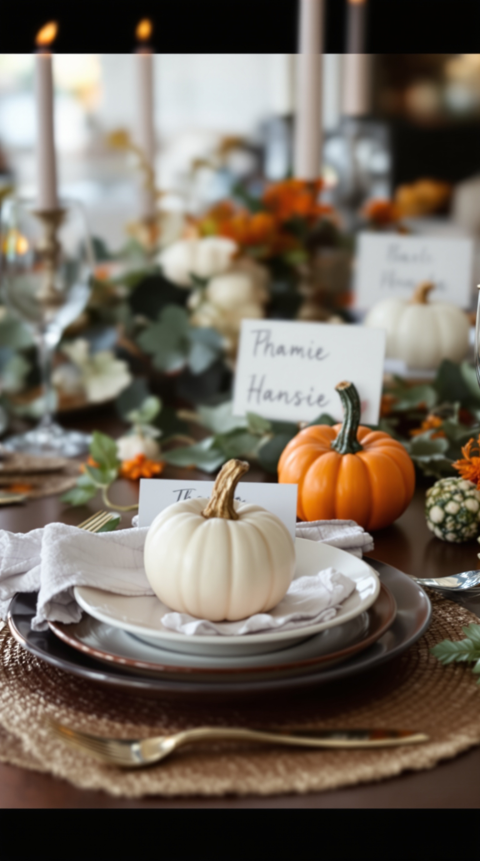 A Thanksgiving table setting featuring small pumpkins as place card holders with name cards.
