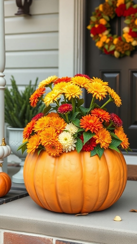 A pumpkin planter filled with colorful mums on a porch