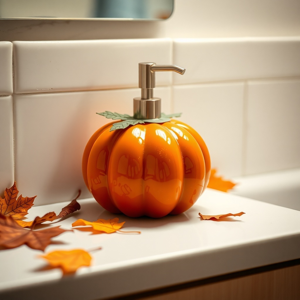 A pumpkin-shaped soap dispenser on a bathroom counter surrounded by autumn leaves.