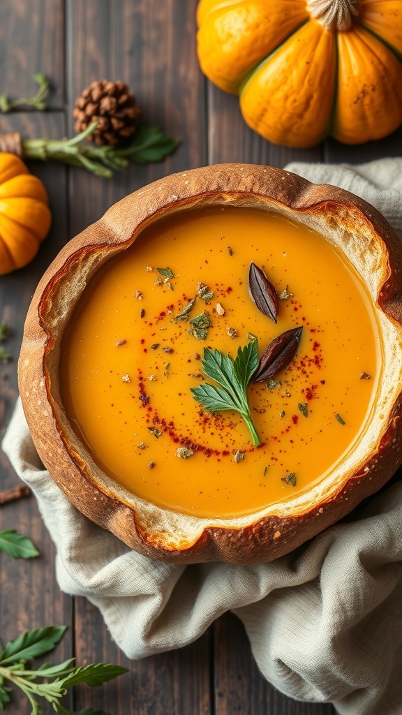 A delicious pumpkin soup in a bread bowl, garnished with herbs and spices.
