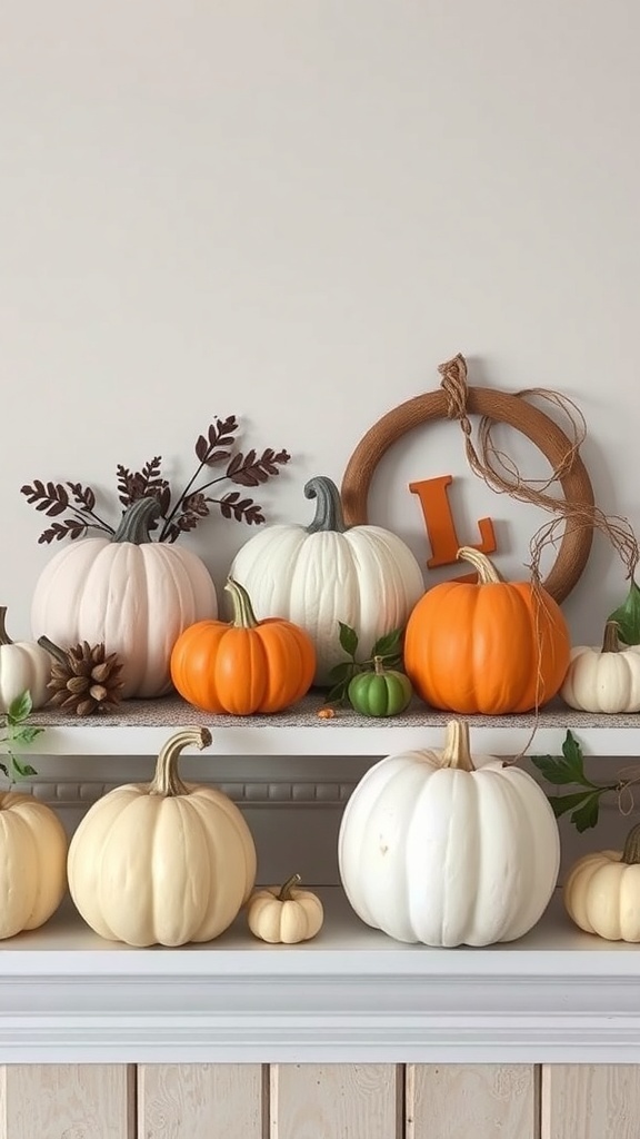 A display of pumpkins in various sizes and colors on a shelf, with a monogrammed wreath and natural elements.