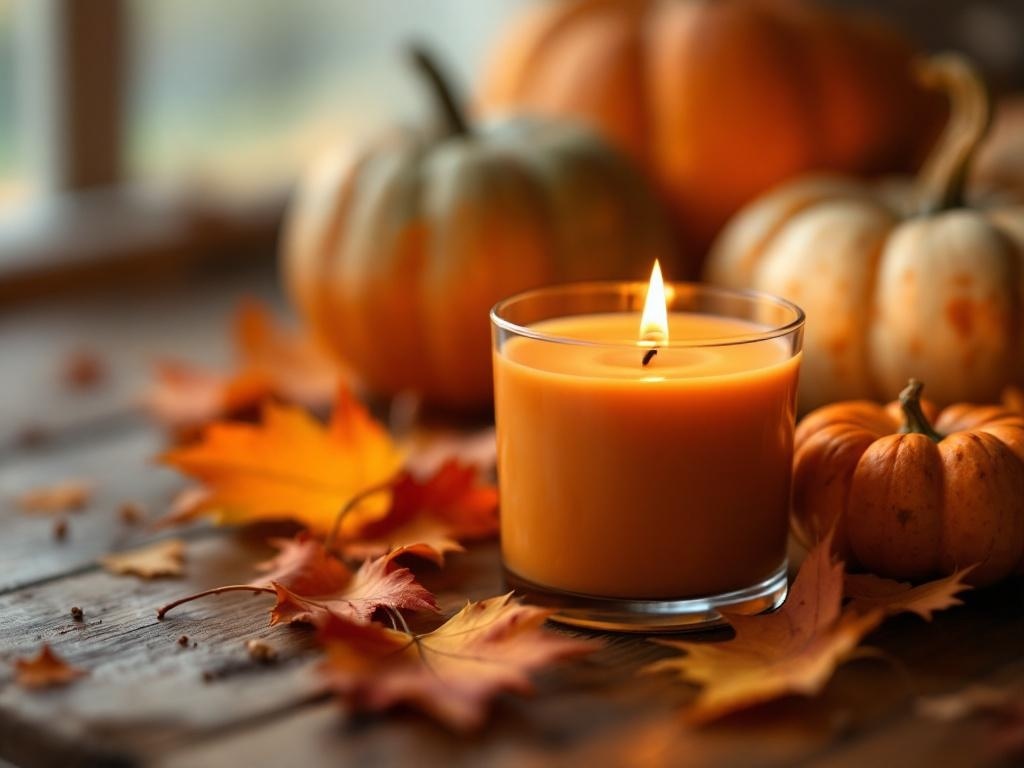 A pumpkin spice candle surrounded by autumn leaves and pumpkins.